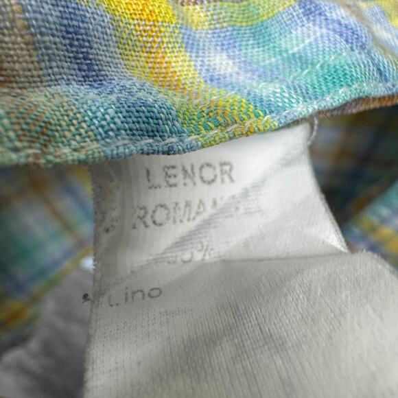Lenor Romano Vintage Linen Shirt Button Up Mens L Check Plaid Blue Yellow - Picture 3 of 7